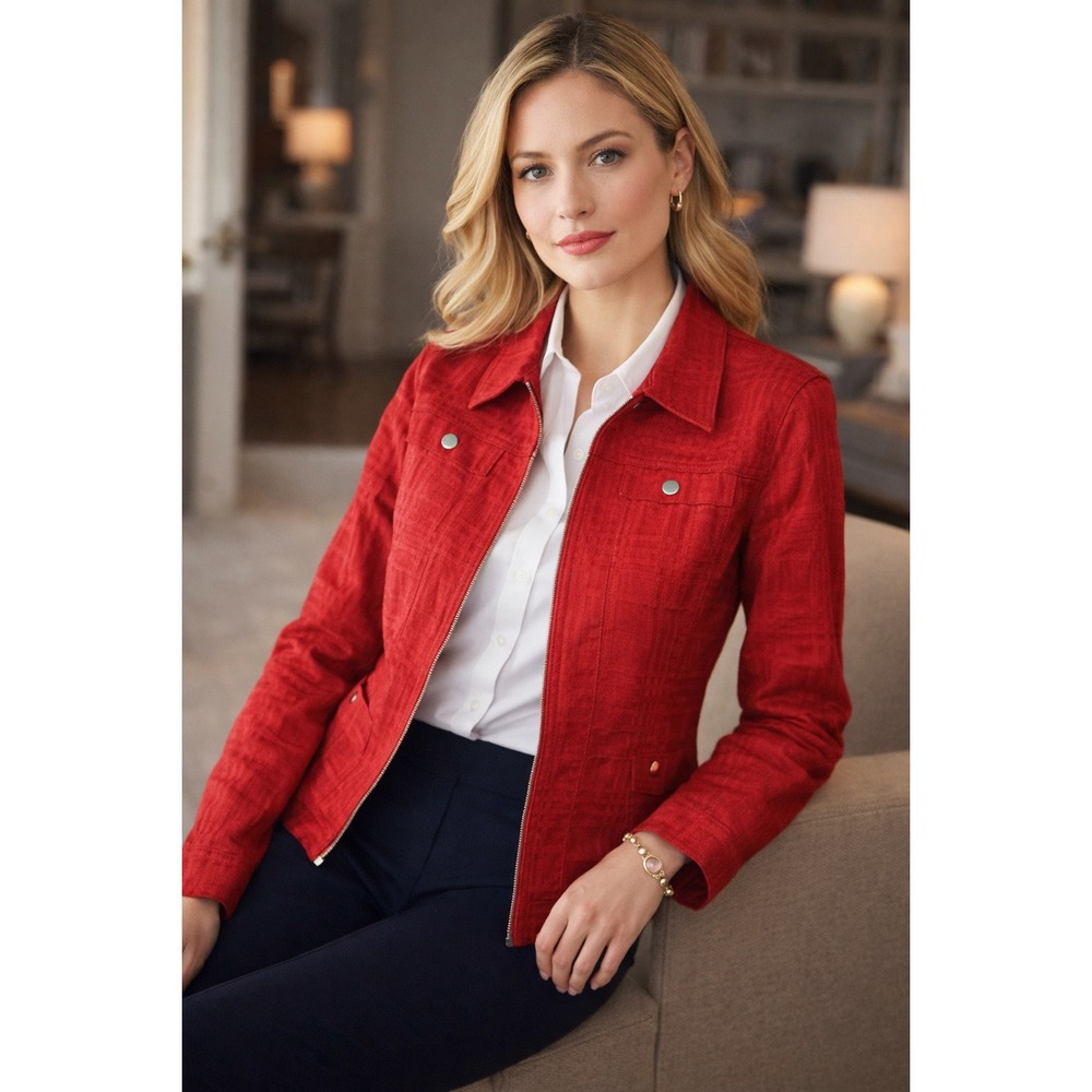 Jones NY Signature Red Textured Denim Zip Jacket | Preppy Career Chic | Women's‎